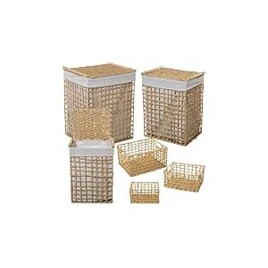 DRW Lot de 6 corbeilles en corde de papier avec tissu coton polyester naturel et blanc 43 x 36 x 56 + 38 x 31 x 51 + 33 x 25 x 46 cm