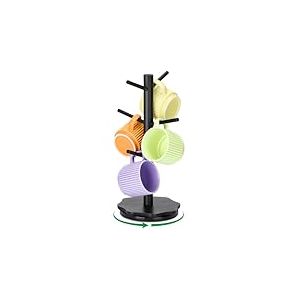 Euqvunn Porte-tasses pivotant à 360°, Support Tasse à Café en bois pour plans de travail, Support Tasse à base pétale épaissie, Arbre à tasse pour bar à café, Mug Tree avec 6 crochets-Noir