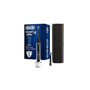 Oral-B Smart 4 Brosse &Agrave; Dents &Eacute;lectrique Rechargeable Avec 1 Manche Connect&eacute; Bluetooth, Noir, 2 Brossettes Et 1 &Eacute;tui De Voyage Offert