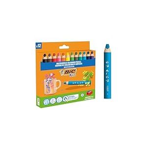 BIC Kids Crayons de Couleurs Multi-Surfaces & Usages (Ardoise, Tableau, Verre, Plastique, Bois..) - Etui carton de 12 Crayons Larges pour Enfants et Beb&eacute;s,Mine XXL,Taille-Crayon Inclus