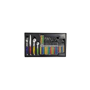 LAGUIOLE - Ménagère Multicolore, 24 Couverts - 6 Couteaux de Table + 6 Fourchettes + 6 Cuillères à Soupe + 6 Cuillères à Café - Acier Inoxydable et Pleine Soie - Coffret Vitrine en Bois