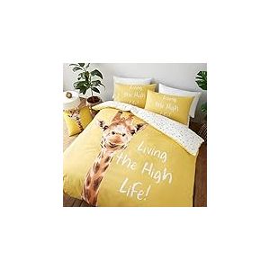 Catherine Lansfield Parure de lit réversible avec Housse de Couette et taies d'oreiller Motif Girafe Jaune