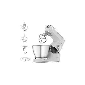 Kenwood Titanium Chef Baker KVC65.001WH, Robot Patissier Avec Balance Intégrée, Incl. Ensemble Pâtisserie 3 Pièces, Spatule & Protection Éclaboussures, 1200W, Blanc