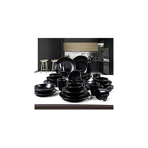 Service de d&icirc;ner 30 pi&egrave;ces en c&eacute;ramique noire | 100% antibact&eacute;rien, facile &agrave; nettoyer, r&eacute;sistant aux chocs thermiques | Comprend bols, plats, tasses et plats &agrave; g&acirc;teau | Passe au lave-vaisselle et au