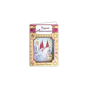67-1054-B Carte Paillettes Joyeux Anniversaire Reine Princesse des Neiges sur son Poney Cheval devant son Ch&acirc;teau en Hiver Illustration pour Enfants Filles - Avec Enveloppe Rose P&acirc;le Format 12x17,5cm