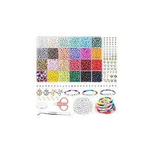 4000+ perles pour bracelet, 4mm perles de rocaille couleurs kit, 300 perles Lettres avec cordon élastique et ciseaux pour Adulte Enfant Noël anniversaire création de bijoux bracelets collier