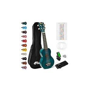 Tiger UKEKIT-TB Kit Ukulélé Soprano – Idéal pour Débutants et Enfants – Accordeur, Sangle, Housse, Autocollants pour Notes, Médiator, Cordes de Rechange, avec Cordes Aquila Montées – Bleu Pétrole