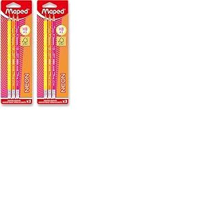 Maped - 3 Crayons Graphite HB2 N&eacute;on- Crayons &agrave; Papier FSC HB Embout Gomme - Forme Triangulaire Ergonomique - Mine R&eacute;sistante (Lot de 2)