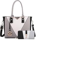 Miss Lulu Sac 2 Pièces -Medium Sac à Main et Portefeuille Multicolore Femme Sac a Bandoulière avec porte-monnaie en Simili Cuir Mode, Blocage des Couleurs(