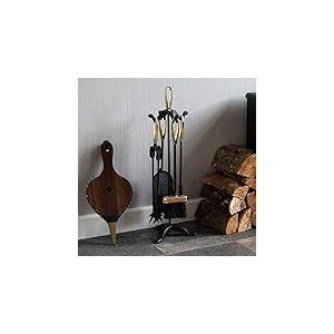 Fire Vida Buxton Lot de 5 Accessoires de chemin&eacute;e avec Support Noir et Laiton avec Support Comprend tisonnier, Pince, Brosse et Pelle Accessoires de chemin&eacute;e pour po&ecirc;le &agrave; Bois, foyers et po&ecirc;les &agrave;