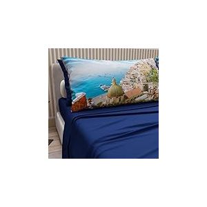 PETTI Artigiani Italiani - Parure de Draps en Coton pour Lit 1 Place et Demi Fran&ccedil;aise avec Taies d'oreiller et Drap Housse 140x200, Motif Positano Bleu &Eacute;lectrique, 100% Fabriqu&eacute; en Italie