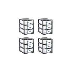 SUNDIS Orgamix, lot de 4 tours de rangement en plastique gris, 3 tiroirs transparents format A5, hauteur 25,5 cm, superposable, id&eacute;ale rangement cosm&eacute;tiques, bijoux, accessoires, fournitures