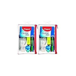 Maped - Trousse Transparente avec 10 pi&egrave;ces Daily Pack - La Trousse Compl&egrave;te pour l'&eacute;cole - 3 Stylos, 1 Crayon &agrave; Papier, 1 Surligneur, Compas, Gomme, Taille-Crayons, R&egrave;gle 15cm, Equerre (Lot de 2)