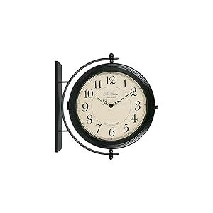 Bestime Horloge murale double face en fer forgé, métal, cadre robuste, facile à lire, horloge de station à deux faces pour jardin, décoration d'intérieur, extérieur, salon, étude, décoration murale de