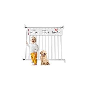 BabyDan Billund Safety Gate – Wall-Mounted Baby Gate for Openings 72-84.5 cm – No Bottom Bar Design for Safe Passage – White, Metal