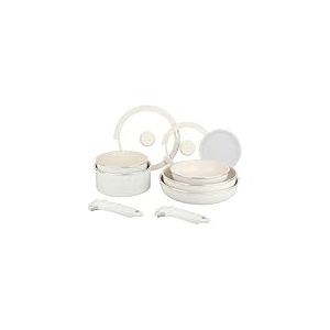 Sitram 716977 Batterie de Cuisine 10 Pcs Alu Blanc Revêtement Céramique : 2 Poêles Ø20,28 cm + 2 Casseroles Ø18,20 cm + 1 Sauteuse Ø26 cm + 2 manche amovible + 3 Couvercles - Tous feux dont induction