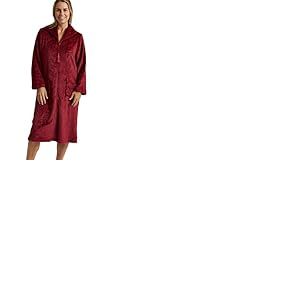 Marlon Womens Serena Front Embossed Fleece Housecoat Zip Up Bath Robe Peignoir, Tourbillon Bordeaux, L Femme