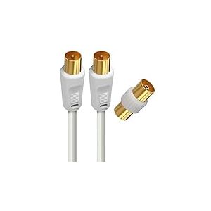 APM C&acirc;ble TV Antenne 9.52mm, 2 M&egrave;tres, Connecteurs Gold M&acirc;le/M&acirc;le, Cordon Coaxial Blanc avec Adaptateur Femelle/Femelle Inclus, Compatible TV D&eacute;codeur TNT Fiche Murale 9.52mm, 408014