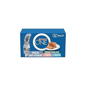 PURINA ONE | Terrines pour Chat St&eacute;rilis&eacute; | Aide &agrave; maintenir un syst&egrave;me immunitaire sain, soutenir l'&eacute;quilibre du microbiome intestinal et &agrave; contr&ocirc;ler le poids | Saumon et Cabillaud |Bo&icirc;tes | 4 x 85 g
