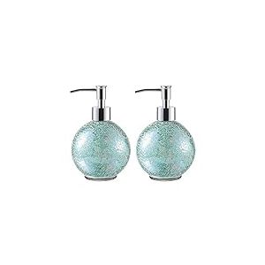 WHOLE HOUSEWARES Distributeur de Savon en mosa&iuml;que en Verre pour Salle de Bain | Bouteille de Lotion pour Cuisine et Salle de Bain avec Pompe en Plastique chrom&eacute; | Lot de 2 (Turquoise)