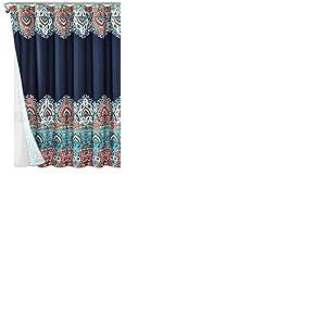Lush Decor Rideau de Douche Bohème avec Doublure en Peva et Anneaux 14 pièces Orange et Turquoise 72 x 72 cm, Polyester, Bleu Marine, 72 inches x 72 inches