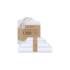 Threadmill Home Linen Parure de lit 4 pi&egrave;ces 100% Coton Supima ELS de 1200 Fils au Pouce carr&eacute;, Drap pour tr&egrave;s Grand lit californien, Blanc, Tissage satin&eacute; Lisse.