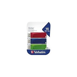Verbatim Clé USB Slider Multipack 16Go I USB 2.0 I 3 clés USB I pour Laptop Ordinateur Portable ultrabook TV autoradio I Stick USB 2.0 I Clé USB avec Un système de Poussoir I Rouge Bleu Vert