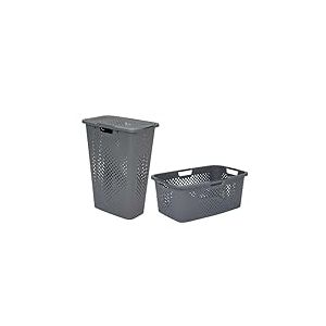 SUNDIS Pixel, lot panier &agrave; linge sale 40l slim + panier &agrave; linge 40l en plastique recycl&eacute;, gris, poign&eacute;es lat&eacute;rales et a&eacute;ration sur les c&ocirc;t&eacute;s