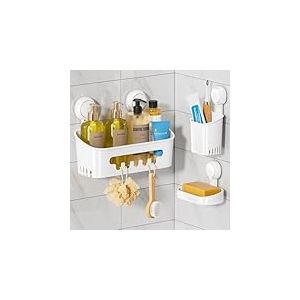 TAILI Support de douche &agrave; ventouse, porte-savon et porte-brosse &agrave; dents amovible sans per&ccedil;age - Organiseur de salle de bain puissant et &eacute;tanche pour salle de bain et cuisine - Blanc
