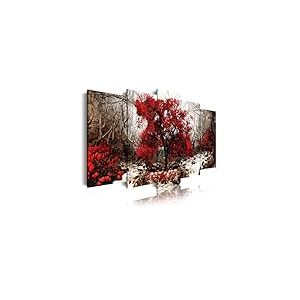 DekoArte 258 - Impression Sur Toile Moderne D'Images Artistiques | Toile Décorative Pour Votre Salon Ou Votre Chambre | Style Paysage avec Des Arbres Rouges Fond Ocre Nature | 5 Pièces 150 x 80 cm