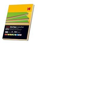 KODAK Color Paper - Papier de Couleur, Pack de 100 Feuilles, 80g/m², Format A4 (21x29,7cm), Double Face, Assorties en 10 Couleurs (Rouge, Orange, Jaune, Vert, Bleu, Rose), Impressions Jet d'Encre