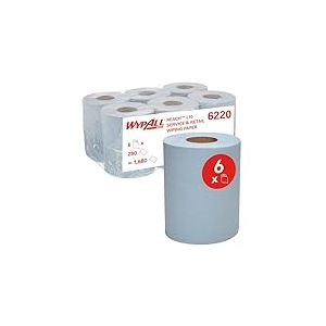 WypAll L10 Paper Cleaning Wipes for Service & Retail 6220-1 Ply Blue Centrefeed Roll - 6 Centrefeed Rolls x 280 Paper Wipes (Total 1680)