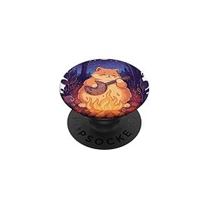 Cottagecore Aesthetic Chubby Kitty Cat Playing Banjo Camping PopSockets PopGrip Adhésif