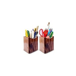 SHOPUKASA Lot de 2 porte-crayons en bois naturel multi-usages - Pot &agrave; crayons - Bo&icirc;te de rangement de bureau (2 lots de deux motifs de base)