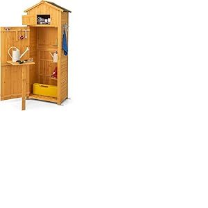 FANTASK Armoire de Jardin en Bois avec Table et Porte Pliables - R&eacute;sistant aux intemp&eacute;ries - Abri &agrave; Outils avec 8 Crochets - Abri en Bois avec Toit &agrave; Pente - Abri de Jardin