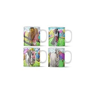 Lot de 4 tasses en céramique de qualité supérieure avec motifs animaux de la ferme de 4 x 11 onces – Chien, cheval, vache et mouton – Tasse à café et thé – Idée cadeau – Tasse (4 x 11 oz)