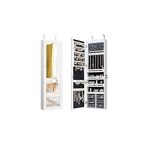 FANTASK Armoire à bijoux suspendue avec éclairage LED, miroir et 6 tiroirs, armoire suspendue pour porte et mur, armoire à bijoux et rangement cosmétique, blanche