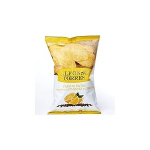 Frites au goût de poivre et de citron. Sachet de 120 gr. Fabriqué à la main. Pommes de terre sautées sélectionnées avec la meilleure huile de tournesol. Alfonso Torres.
