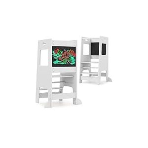 COSTWAY Tour d'apprentissage à partir de 1 an - Marchepied avec 3 hauteurs réglables et tableau noir - Marchepied Montessori en bois - Ustensile de cuisine 2 en 1 - Chaise d'apprentissage pour enfants