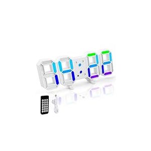 Romon Horloge Numérique, Horloge Murale Numérique Digitale Réveil Lumineux Électroniques LED 7 RGB Couleur 12/24 Heures Mode Veille avec Télécommande Décoration Bureau Gaming Accessoires Chevet Blanc