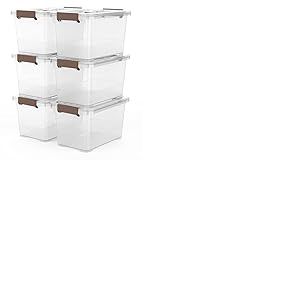 WYT Lot de 6 bo&icirc;tes de rangement transparentes de 7 litres, bo&icirc;tes de verrouillage empilables en plastique avec poign&eacute;e et couvercle marron, multi-usages, 7 litres