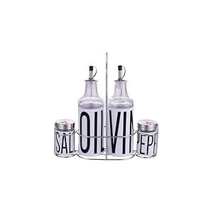 Villa d'Este Home Tivoli Ensemble d'assaisonnement d'huile, vinaigre, sel et poivre en verre et acier inoxydable, stand en fer, blanc, Bigismore