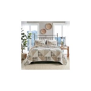 Woolrich Olsen Tan Parure de lit 3 pi&egrave;ces, Style Cottage, Couvre-lit l&eacute;ger r&eacute;versible pour Toutes Les Saisons, Confortable, taies Assorties, pour Grand lit Queen Size, Motif g&eacute;om&eacute;triques/Marron Clair