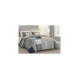 Chezmoi Collection Addy Parure de lit 3 pièces avec Courtepointe Patchwork à Carreaux Bleu Marine, Blanc, Gris, Taupe – Couvre-lit réversible léger – Grand lit