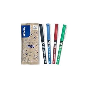 PILOT- Lot de 4 V5 - Stylos roller à encre liquide à pointe fine ( 0,5 mm) pour une écriture fluide et précise - Séchage rapide, ne fuit pas - Noir, Bleu, Rouge, Vert