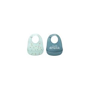 Pearhead Silicone Bib Set of 2, One Milk Drunk Baby Bib, One Light Blue Milk and Cookies Bib, Gender-Neutral Baby Feeding Accessory for New Parents and Expecting Parents, 2 Bibs