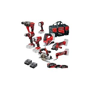Einhell Pack 7 outils sans fil - Power X-Change (Meuleuse, Perforateur, Perceuse, Visseuse &agrave; chocs, Scie sauteuse, Scie circulaire, Outil multi) + 2 Chargeurs et 3 Batteries 4,0Ah/2,5Ah/2,0Ah + 1 sac