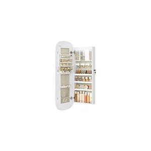 SONGMICS Armoire &agrave; Bijoux, Miroir Mural avec LED et Serrure, Miroir Psych&eacute; avec Plusieurs Compartiments, pour Boucles d&rsquo;Oreilles, Colliers, Surface Blanche et Doublure Grise Beige JJC026W01