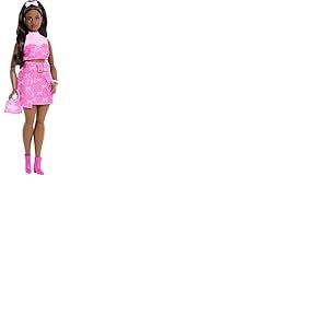 Barbie Poup&eacute;e Barbie Deluxe Style n&deg; 10 avec un haut en jean rose et une jupe &agrave; imprim&eacute; n&oelig;uds, cheveux noirs, des appareils auditifs contours d&rsquo;oreilles et un sac &agrave; main en guise d&rsquo;accessoires, JJN70