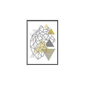 Artze Wall Art Poster Géométrique Scandinave Abstrait Tête de Tigre Regarde Droite - 50 cm de largeur x 70 cm de hauteur - Jaune/Gris